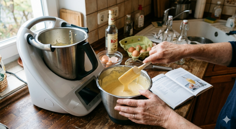 Eierlikör in einer Edelstahlschüssel mit Teigschaber, daneben ein Thermomix und eine Flasche Korn auf einer Küchenarbeitsplatte