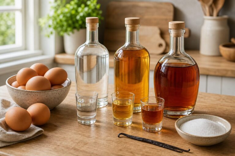 Unbeschriftete Flaschen mit klarem Alkohol, Rum und Weinbrand neben Eiern und Vanille