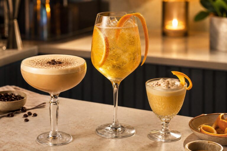 Drei unterschiedliche Eierlikör-Cocktails auf einer Bar
