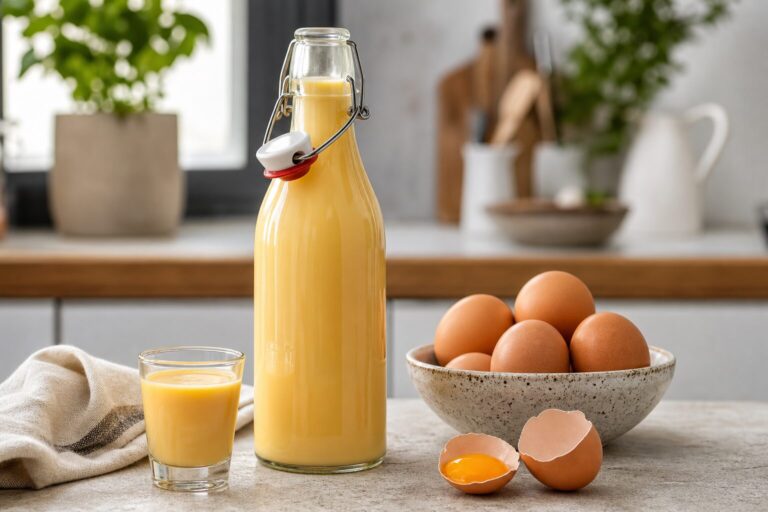 Eierlikör mit ganzen Eiern in Flasche und Glas
