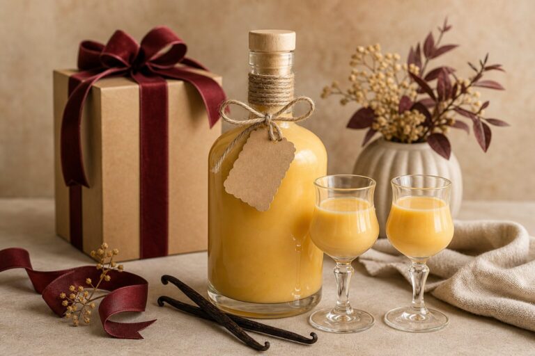 Geschenkset mit Eierlikörflasche, zwei Gläsern, Schleife und Geschenkbox