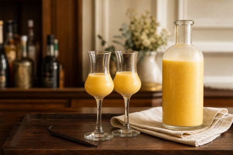 Zwei Gläser und eine Flasche mit cremigem Eierlikör auf einem Holztisch