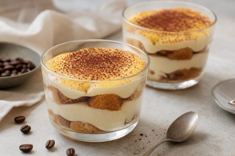 Cremiges Eierlikör-Tiramisu im Glas mit Kakaopulver