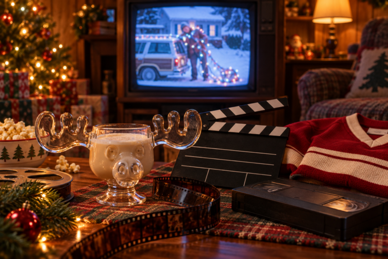 Elchglas mit Eggnog, Filmklappe und VHS-Kassette bei einem weihnachtlichen Filmabend